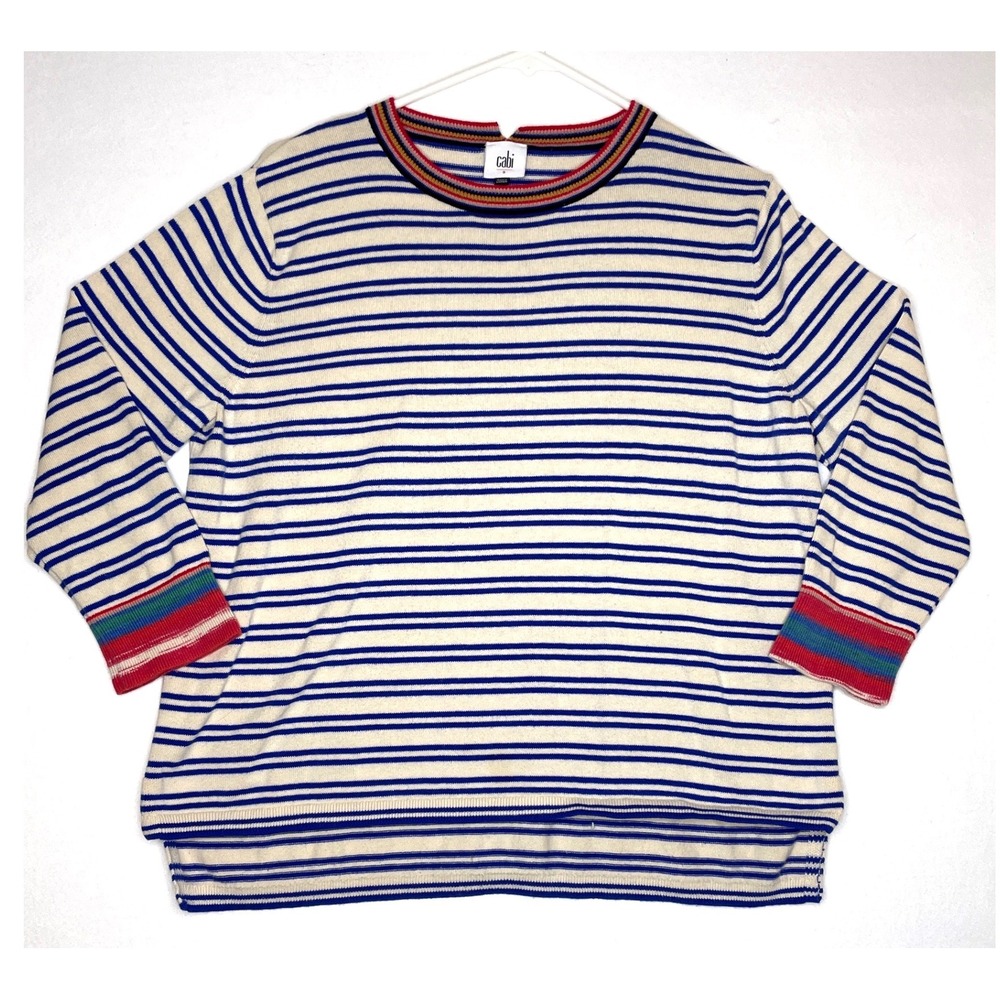 Cabi Women Sweater Stripe Crew Neck Long Sleeve Small Blue Cream 5830